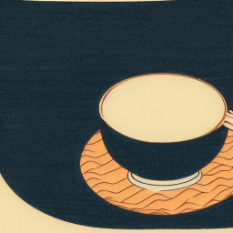 A cup of coffee, plain background, art by Hokusai