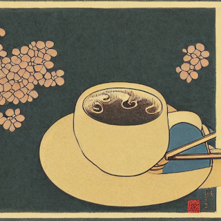 A cup of coffee, plain background, art by Hokusai